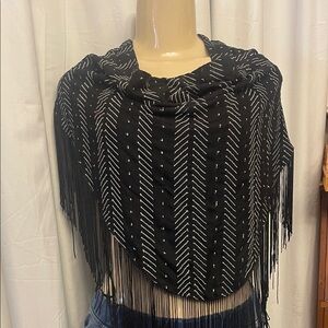 Black Fringe Chevron Shawl Scarf with White Stitching